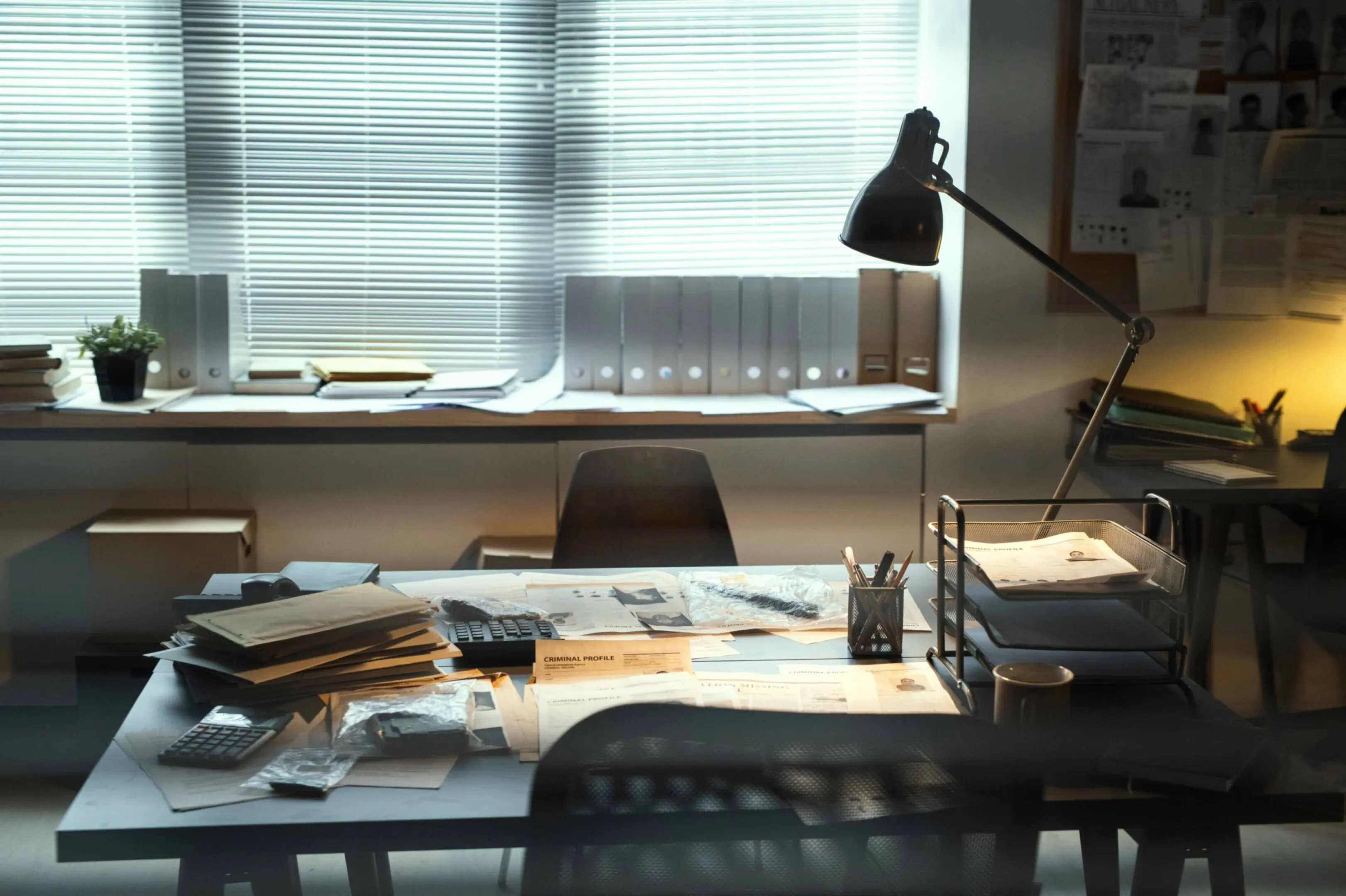 A cluttered desk with books, papers, and a lamp in front of a window.